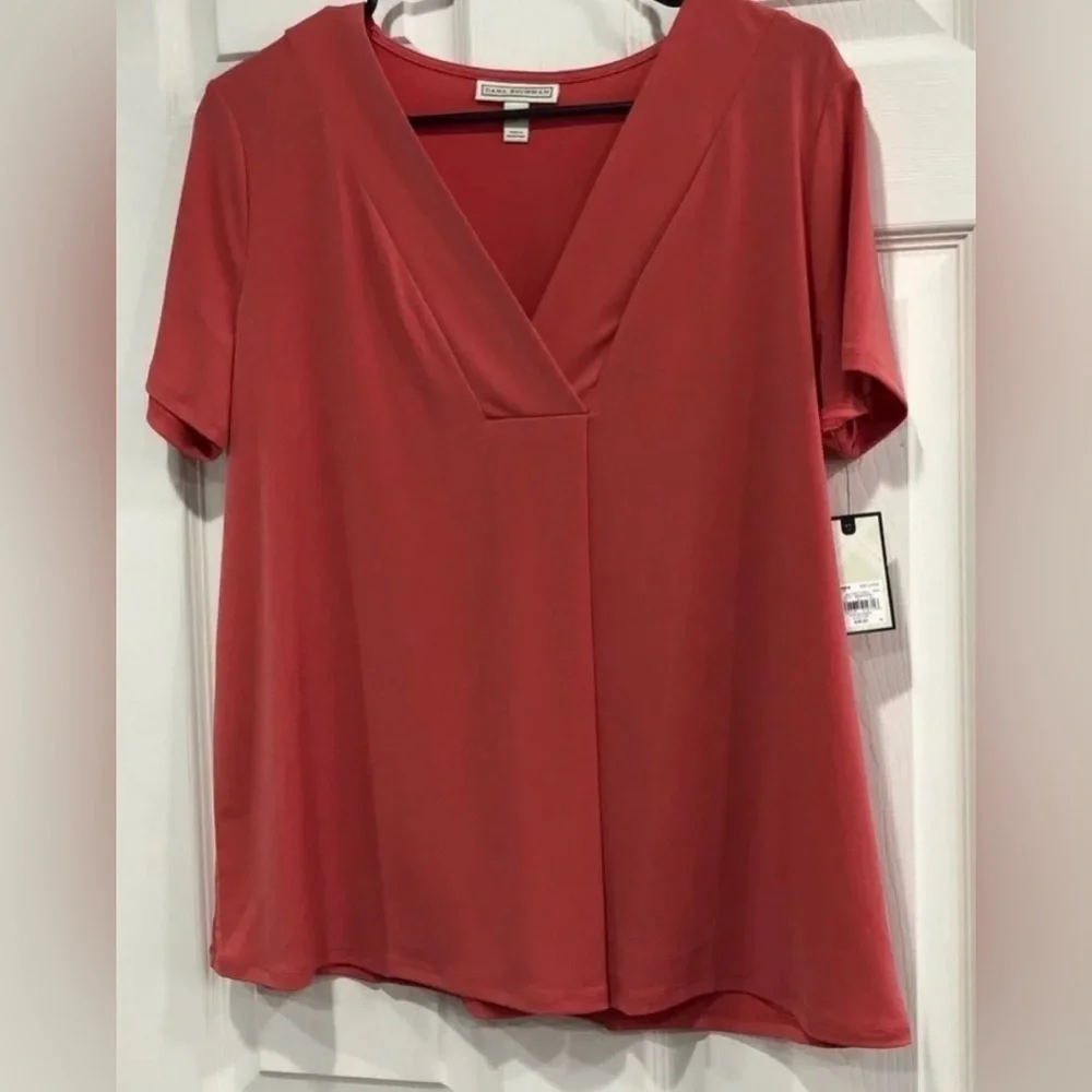 Dana Buchman Blouse Shirt L Release Pleat Coral Pink Orange NWT